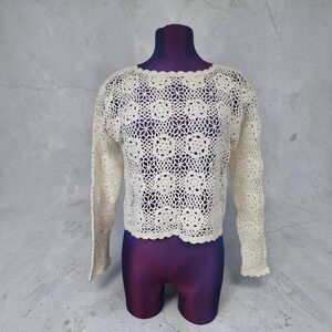 Vintage Stefano International Crochet Top Small Ivory Ramie Cotton Floral Knit